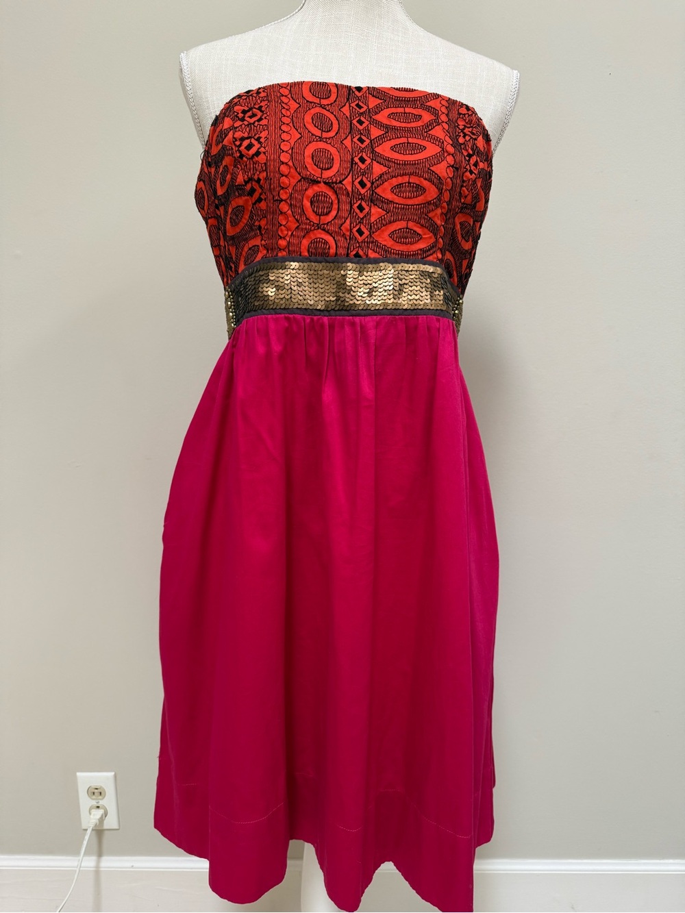 Floreat Strapless Mixed-Print Pink and Orange Dress with Gold Sequin Waist